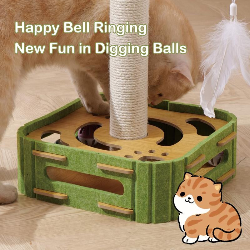 Cat Teaser Box with Interactive Balls Kitten Lounge Furniture Protector Multipurpose Cats Play Board for Playing Clawing Square Design Green & Yellow Felt Sisal Material Compact