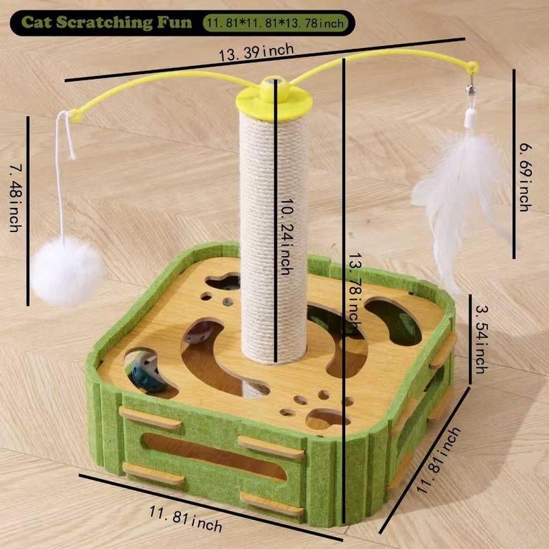 Cat Teaser Box with Interactive Balls Kitten Lounge Furniture Protector Multipurpose Cats Play Board for Playing Clawing Square Design Green & Yellow Felt Sisal Material Compact