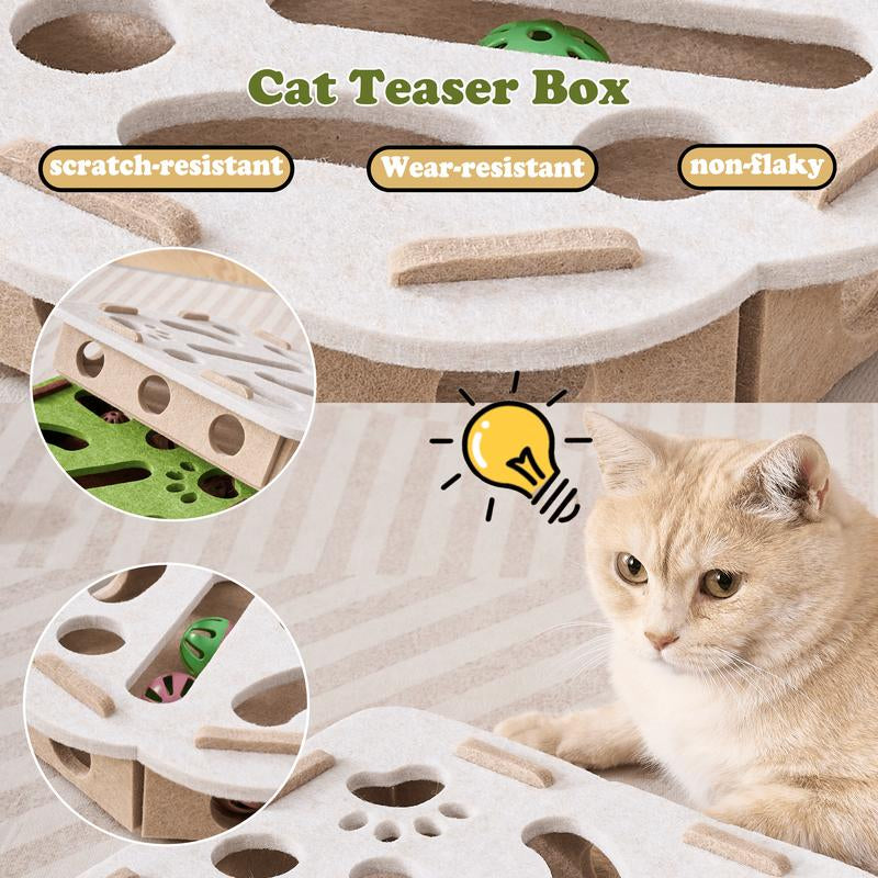 Cat Teaser Box with Interactive Balls Kitten Lounge Furniture Protector Multipurpose Cats Play Board for Playing Clawing Square Design Green & Yellow Felt Sisal Material Compact