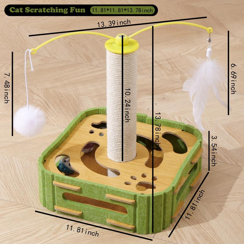 Cat Teaser Box with Interactive Balls Kitten Lounge Furniture Protector Multipurpose Cats Play Board for Playing Clawing Square Design Green & Yellow Felt Sisal Material Compact