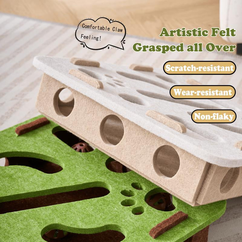 Cat Teaser Box with Interactive Balls Kitten Lounge Furniture Protector Multipurpose Cats Play Board for Playing Clawing Square Design Green & Yellow Felt Sisal Material Compact