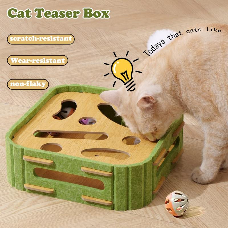 Cat Teaser Box with Interactive Balls Kitten Lounge Furniture Protector Multipurpose Cats Play Board for Playing Clawing Square Design Green & Yellow Felt Sisal Material Compact
