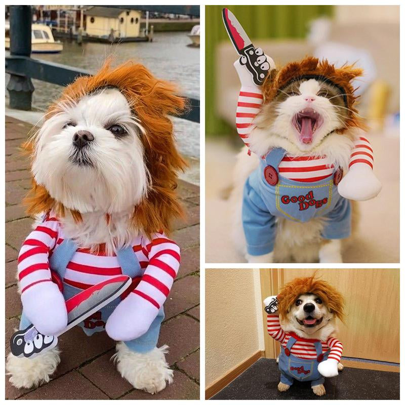 Funny Chucky Dog Costume with Pet Wig, Cosplay Scary Outfit with Knife, Creative Pet Costume for Small Medium and Large Dogs Cats Puppy