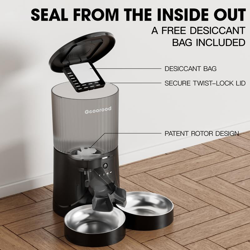 Geoorood Automatic Cat Feeder with Camera, 1080P HD Video, 2.4G Wifi Smart Pet Feeder with One-Way Audio, 4L Large Capacity, Dual Bowl Design for Cats and Small/Medium Dogs