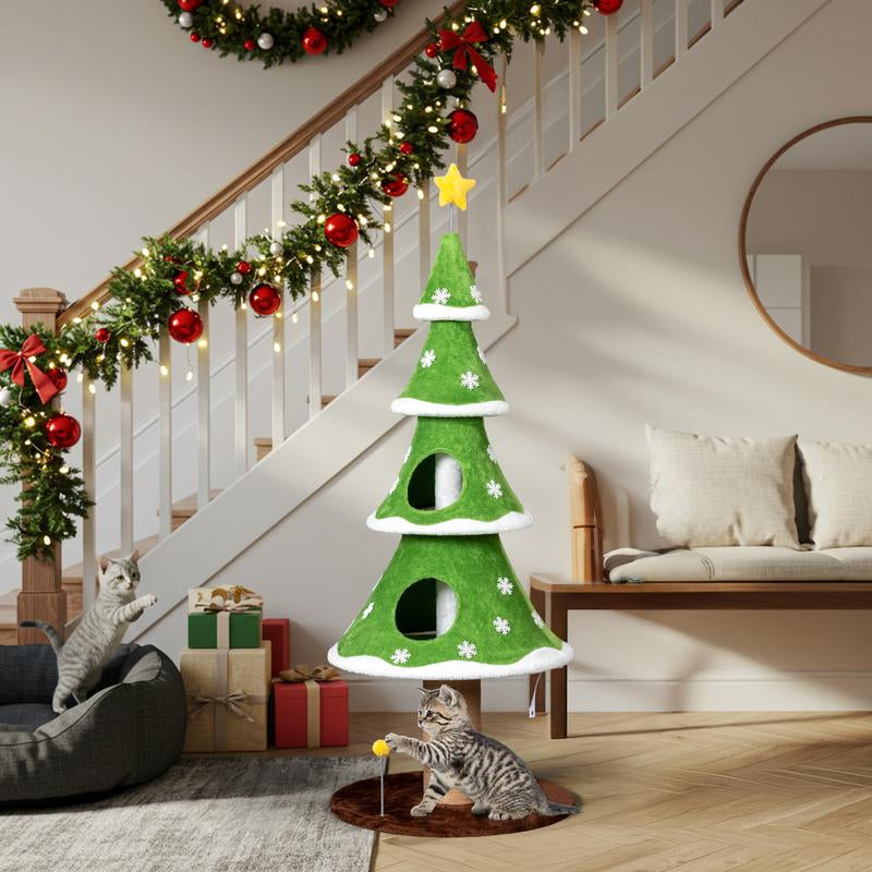 59In Large Tall Christmas Tree Cat Tower with 2 Cat Condos & Scratching Post, Soft Fleece Cat Tree with Teaser Toy & Sturdy Base & Built-In Openings for Indoor Cats, Green & White