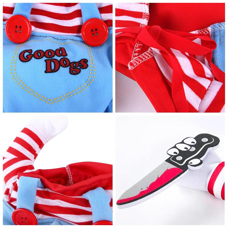 Funny Chucky Dog Costume with Pet Wig, Cosplay Scary Outfit with Knife, Creative Pet Costume for Small Medium and Large Dogs Cats Puppy