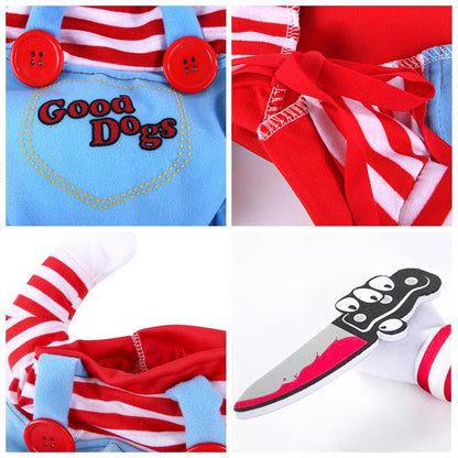 Funny Chucky Dog Costume with Pet Wig, Cosplay Scary Outfit with Knife, Creative Pet Costume for Small Medium and Large Dogs Cats Puppy