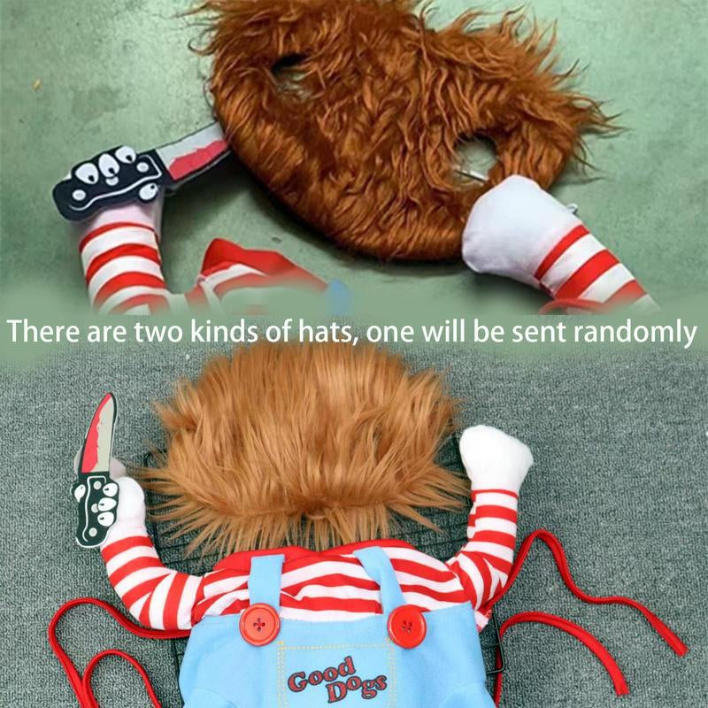 Funny Chucky Dog Costume with Pet Wig, Cosplay Scary Outfit with Knife, Creative Pet Costume for Small Medium and Large Dogs Cats Puppy