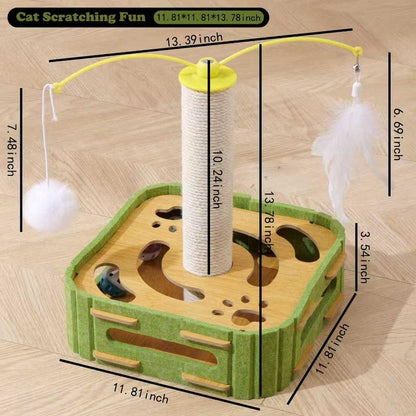 Cat Teaser Box with Interactive Balls Kitten Lounge Furniture Protector Multipurpose Cats Play Board for Playing Clawing Square Design Green & Yellow Felt Sisal Material Compact