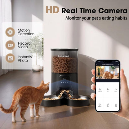 Geoorood Automatic Cat Feeder with Camera, 1080P HD Video, 2.4G Wifi Smart Pet Feeder with One-Way Audio, 4L Large Capacity, Dual Bowl Design for Cats and Small/Medium Dogs