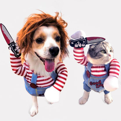 Funny Chucky Dog Costume with Pet Wig, Cosplay Scary Outfit with Knife, Creative Pet Costume for Small Medium and Large Dogs Cats Puppy
