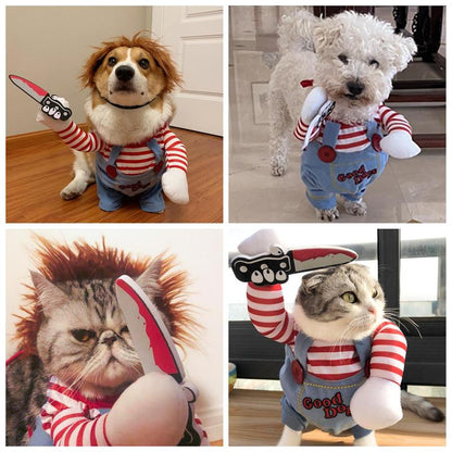 Funny Chucky Dog Costume with Pet Wig, Cosplay Scary Outfit with Knife, Creative Pet Costume for Small Medium and Large Dogs Cats Puppy