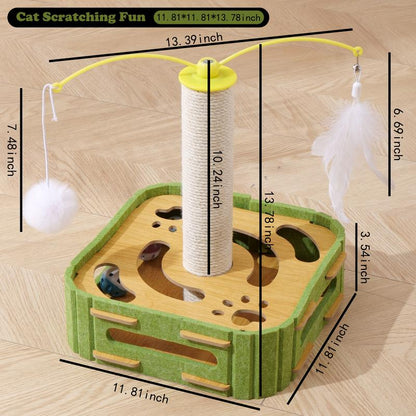 Cat Teaser Box with Interactive Balls Kitten Lounge Furniture Protector Multipurpose Cats Play Board for Playing Clawing Square Design Green & Yellow Felt Sisal Material Compact
