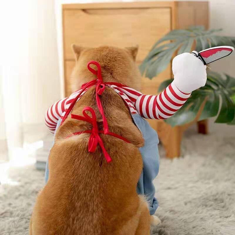 Funny Chucky Dog Costume with Pet Wig, Cosplay Scary Outfit with Knife, Creative Pet Costume for Small Medium and Large Dogs Cats Puppy